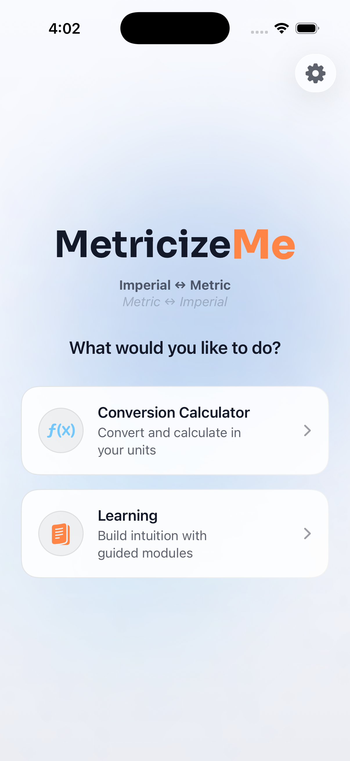 MetricizeMe app home screen screenshot
